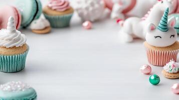 Colorful cupcakes and unicorn figurines arranged on a white table, creating a whimsical dessert scene photo