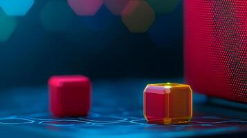 Colorful cubes on a digital surface with blurred lights creating a vibrant background photo