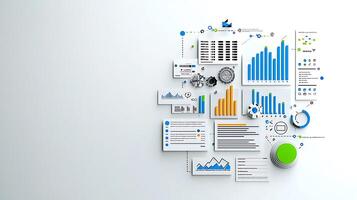 Colorful data visualization with charts and graphs depicting trends and statistics on a white background photo