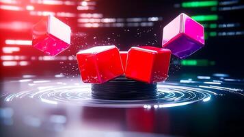 Colorful cubes splashing in water, creating ripples amidst a vibrant digital backdrop photo
