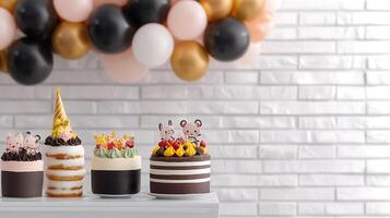 Colorful decorated cakes with playful designs against a festive balloon backdrop in a bright setting photo