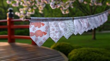 Colorful decorative banners with fish patterns hanging in a serene garden setting photo