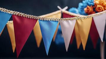 Colorful decorative bunting with flowers in a festive setting, creating a joyful atmosphere photo