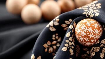 Colorful decorative egg resting on patterned fabric with wooden spheres in the background photo