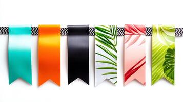 Colorful decorative ribbons hanging in a row, showcasing various patterns and textures against a clean background photo