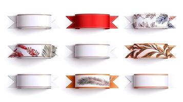 Colorful decorative ribbons with floral patterns and blank spaces for customizable text photo