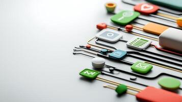Colorful digital icons and buttons connected by wires on a sleek surface, symbolizing technology photo