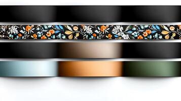 Colorful decorative ribbons arranged in layers with floral patterns and solid colors for crafting photo