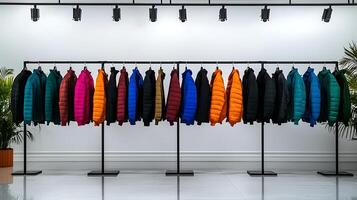 Colorful display of puffer jackets hanging in a modern retail space with bright lighting and greenery photo