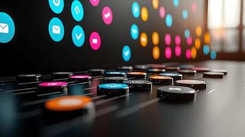Colorful digital interface with buttons and icons, showcasing technology in a modern workspace photo