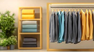 Colorful display of clothing on hangers in a modern store setting with neatly stacked towels photo