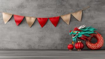 Colorful dragon decoration with lanterns and festive banners in a modern interior setting photo