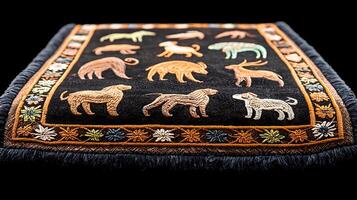 Colorful embroidered textile featuring various dog and animal designs on a dark background photo