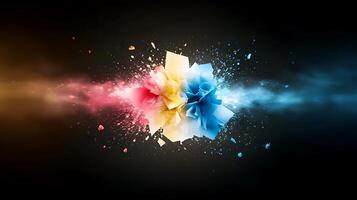 Colorful explosion of paper-like textures creating a vibrant visual effect against a dark backdrop photo
