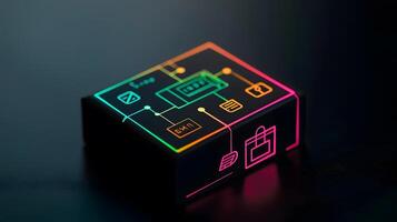 Colorful electronic device with glowing circuit patterns on a dark surface, showcasing technology photo