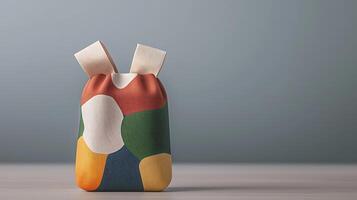 Colorful fabric bag with unique patterns placed on a minimalistic table against a soft background photo