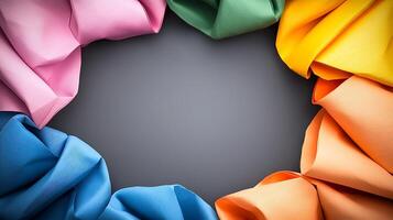 Colorful fabric drapes arranged in a circular pattern on a gray background for creative design use photo