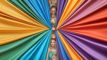 Colorful fabric drapes radiating from a central point with models posing, creating a vibrant scene photo
