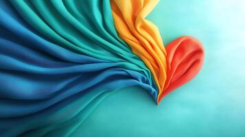 Colorful fabric folds creating a heart shape on a smooth turquoise background, ideal for design photo