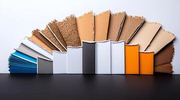 Colorful fabric swatches arranged in a fan shape on a dark surface with a neutral backdrop photo