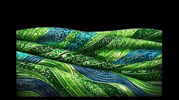 Colorful fabric waves with intricate patterns and textures, set against a dark background photo