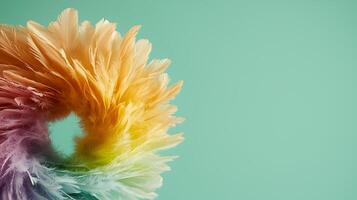 Colorful feather wreath on a soft pastel background, creating a vibrant and artistic display photo