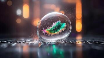Colorful feather encased in a soap bubble on a reflective surface with blurred lights behind photo
