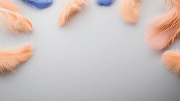 Colorful feathers arranged artistically on a soft background, creating a serene and aesthetic composition photo