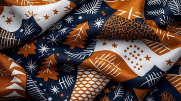 Colorful fabric with intricate patterns featuring trees, stars, and geometric shapes in autumn hues photo
