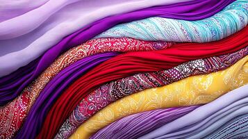 Colorful fabrics arranged in waves, showcasing intricate patterns and textures for textile design photo