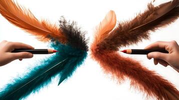 Colorful feathers and colored pencils create a vibrant artistic display against a white backdrop photo