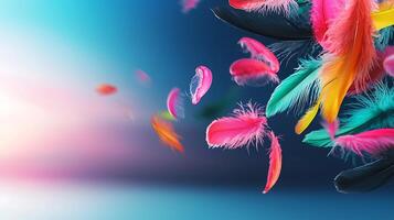 Colorful feathers floating gracefully against a vibrant background at sunset, creating a whimsical atmosphere photo