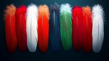 Colorful feathers arranged in a vibrant display, showcasing textures and hues against a dark background photo