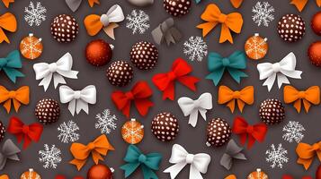 Colorful festive pattern featuring various ornaments and bows on a dark background photo