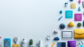 Colorful flat lay of various icons and objects representing business and technology themes photo