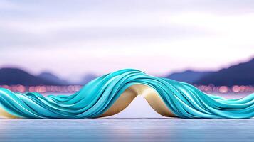 Colorful flowing fabric draped over a surface, with a serene landscape and soft lighting in the background photo