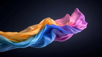 Colorful flowing fabric waves in a dark background, showcasing movement and texture photo