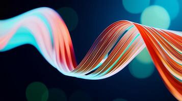 Colorful flowing ribbons of light create a dynamic visual effect against a blurred background photo