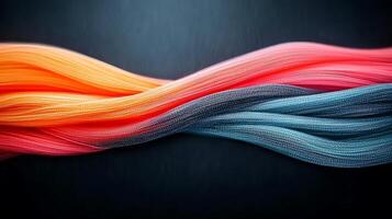 Colorful flowing strands of fabric intertwining against a dark backdrop, creating a dynamic visual effect photo