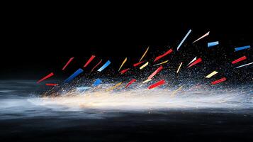 Colorful fragments burst dynamically from a central point against a dark background, creating a sense of motion photo