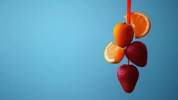 Colorful fruit arrangement suspended on a straw against a blue background, showcasing freshness photo