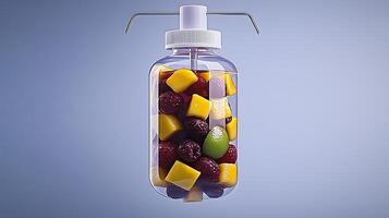 Colorful fruit mix in a transparent container, showcasing vibrant pieces against a soft background photo