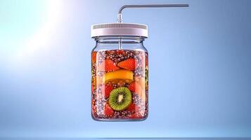 Colorful fruit-infused drink in a jar with a straw against a soft blue background photo