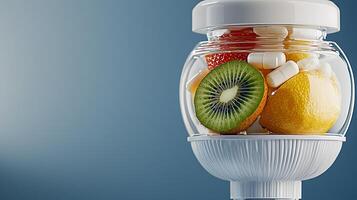 Colorful fruits and supplements displayed in a modern glass container against a soft gradient background photo