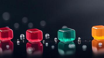 Colorful gelatin cubes on a reflective surface with droplets, creating a vibrant, artistic display photo