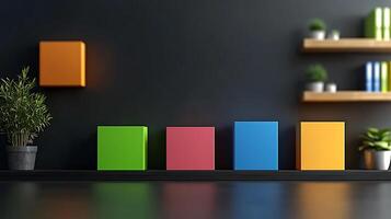 Colorful geometric blocks arranged on a shelf against a dark wall with plants and books photo