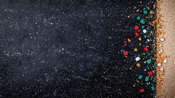 Colorful gemstones scattered on a dark surface, blending into sandy texture, creating a striking contrast photo