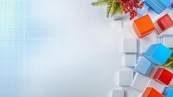 Colorful geometric shapes and greenery create a vibrant, modern background for design projects photo