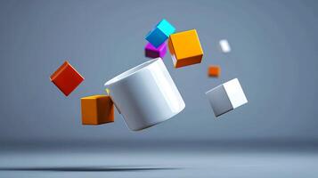 Colorful geometric shapes floating around a white cylindrical object in a minimalist setting photo