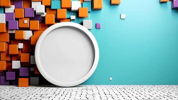 Colorful geometric shapes create a vibrant backdrop for a blank circular frame in a modern space photo